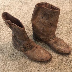 Mid calf brown distressed leather booties